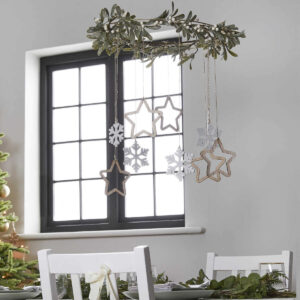 Gold Hanging Hoop Decoration with Mistletoe and Wooden Hanging Snowflakes and Stars