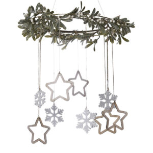 Gold Hanging Hoop Decoration with Mistletoe and Wooden Hanging Snowflakes and Stars