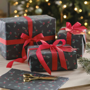 Holly Wrapping Paper with Gift Tags and Ribbon