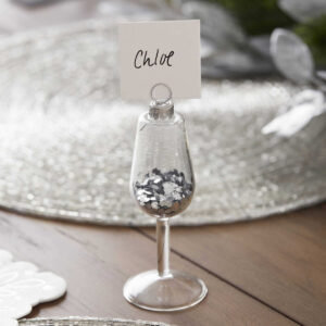 Silver Glitter Filled Wine Glass Christmas Place Card Holders